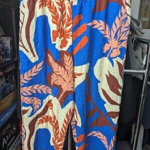 H&M Floral Print Blue Brown & White Wide Leg Beach Pants Size XL